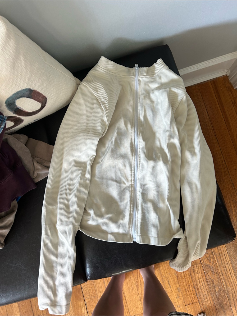 Women's White Ribbed Zip-Front Hoodie